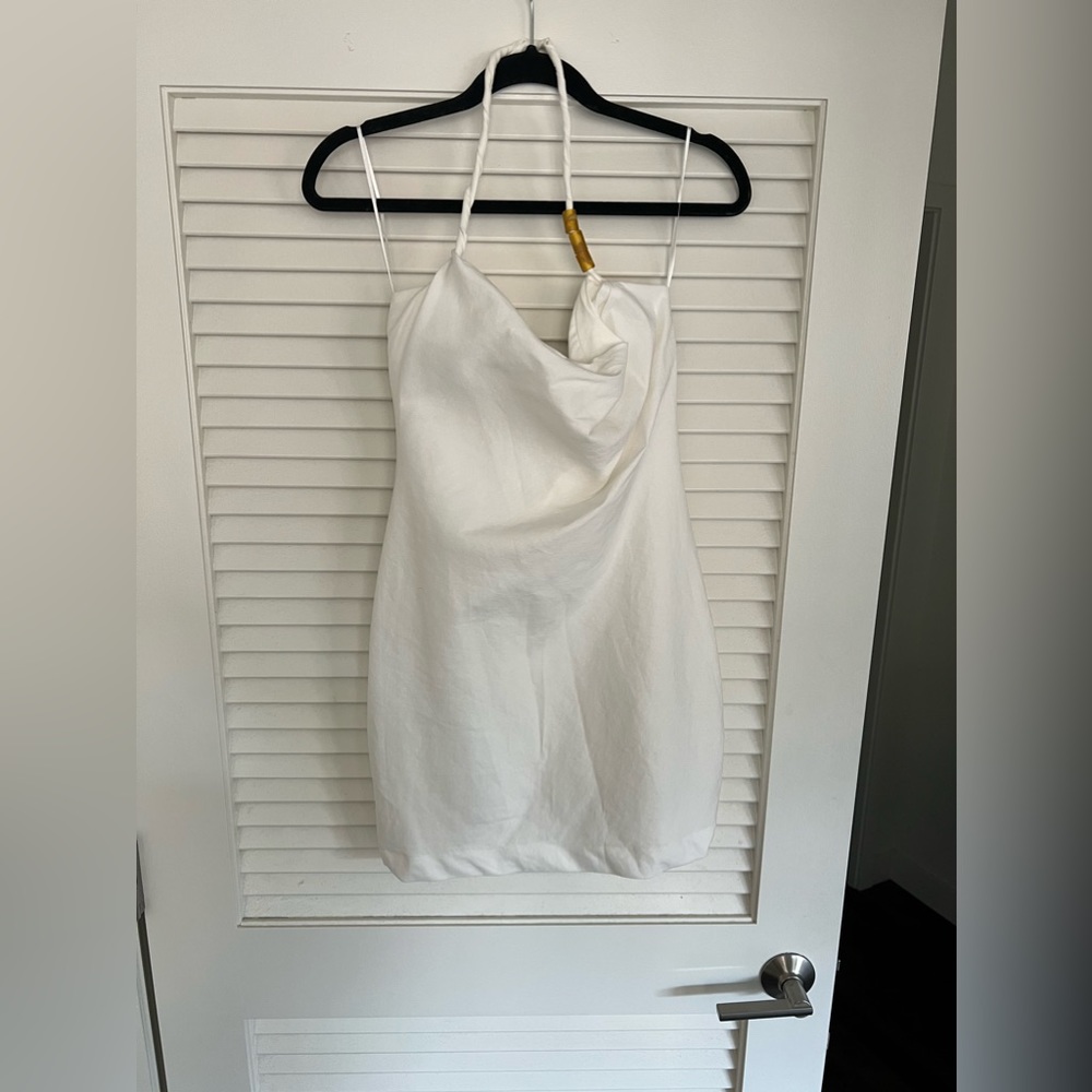 White Zara Halter Dress. White with brown beads on neck. Size small, NWT
